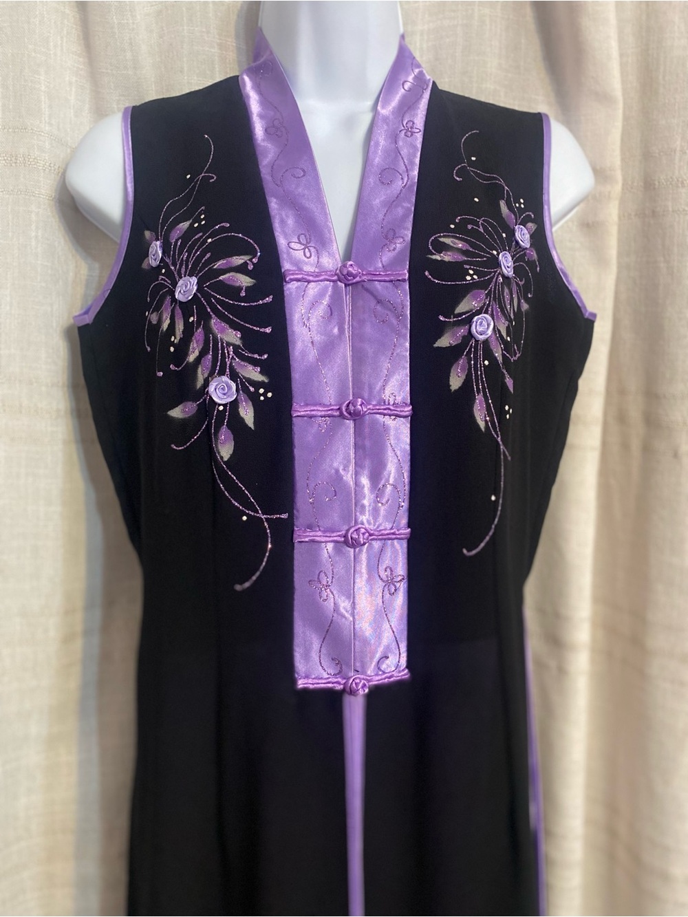 VTG Silver Dragon Chiffon Ao Dai Tunic Pants Set Purple Floral Y2K Fits Small - Picture 3 of 16